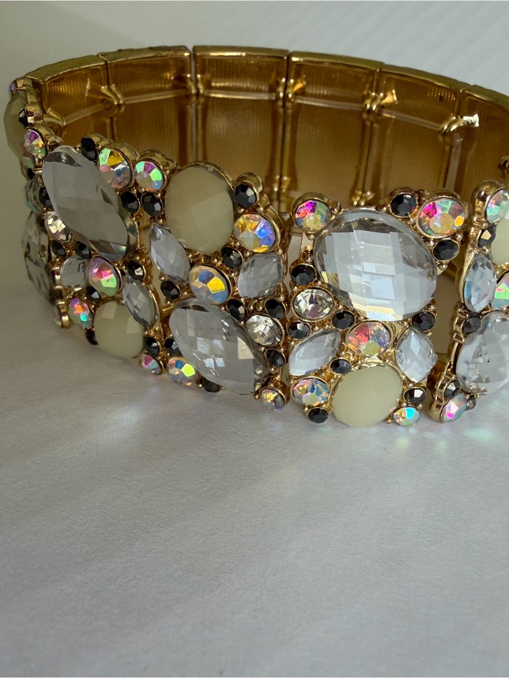 Gold Crystal Stretch Bracelet with Clear and Opal Stones